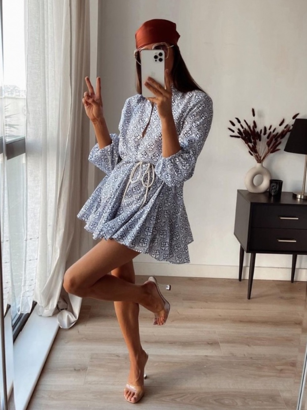 NWT [Zara] Button Down Blue White Tile Shirt Mini Dress Rope Belt | Medium - Picture 13 of 14
